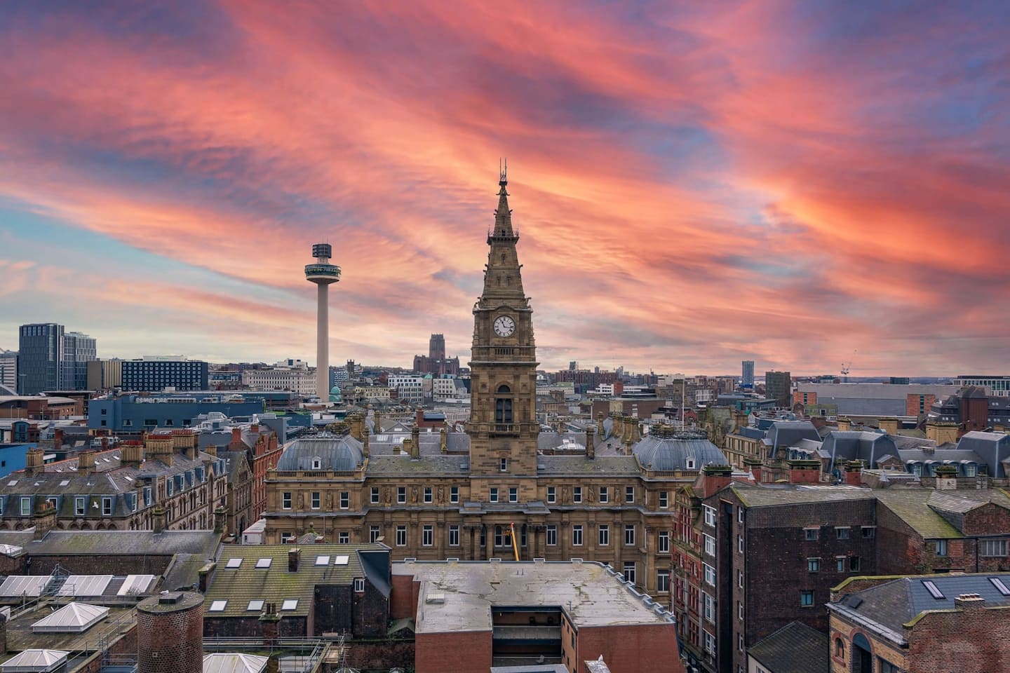 Sunset over Liverpool Town Hall and the Radio City Tower from the penthouse
