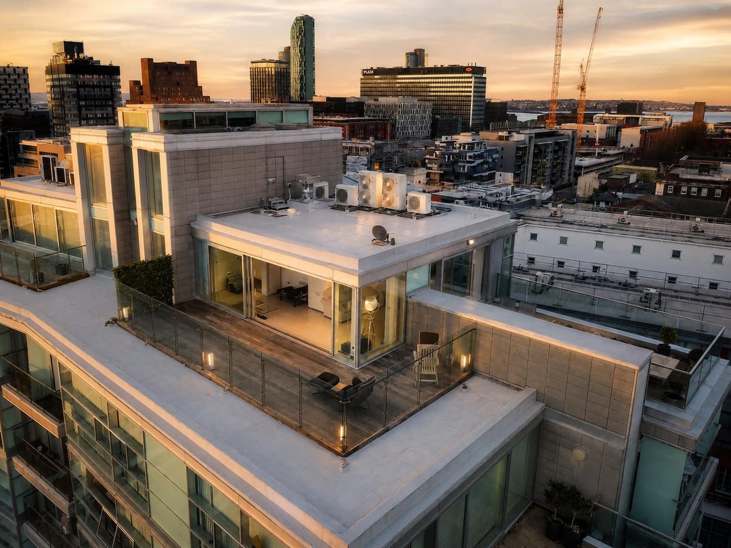 Aerial view of the penthouse and its terrace above Liverpool city centre